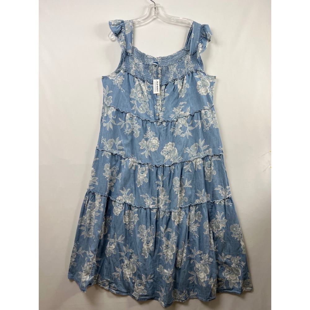 Old Navy Floral Midi Dress Women Large Blue Chambray Tiered Smocked Sundress New
